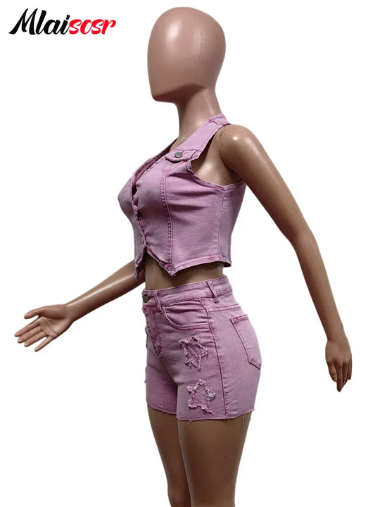 Mlaiscsr Pink Stretch Denim Sexy 2 Piece Club Outfit Women Sets V-Neck Vest Crop Tops and Embroidered Shorts Suit Y2k Streetwear