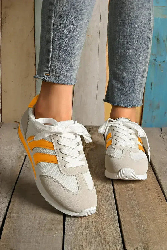 Yellow Patchwork Sneakers - Microfiber Breathable Shoes - Wholesale Comfort