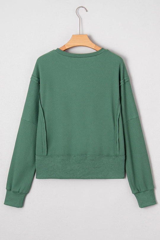 Solid Ribbed Raw Seam Patchwork Drop Shoulder Sweatshirt