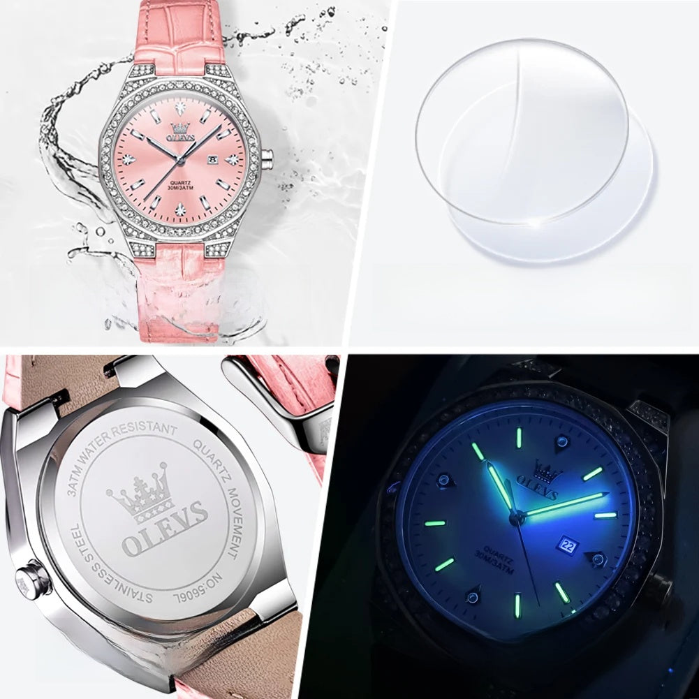 Women's Crystal Bezel White Leather Strap Watch Quartz Date