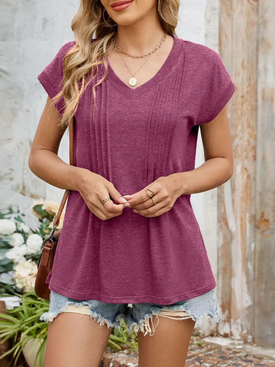 Casual V-Neck Pleated Front T-Shirt