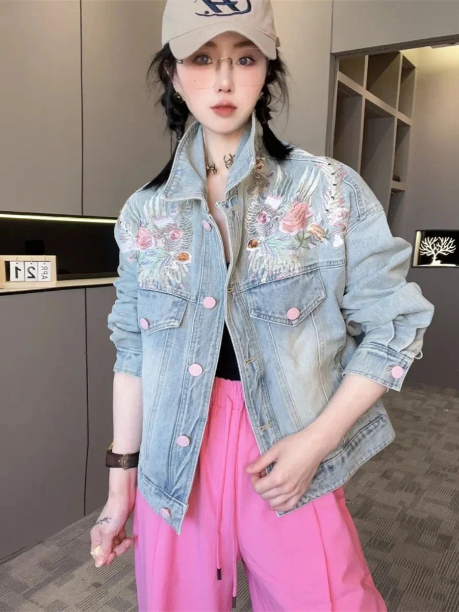 Spring Autumn Short Denim Jacket 2025 New Women's Embroidery Denim Outwear Chinese Style Women Denim Coat Women Loose Jeans Coat