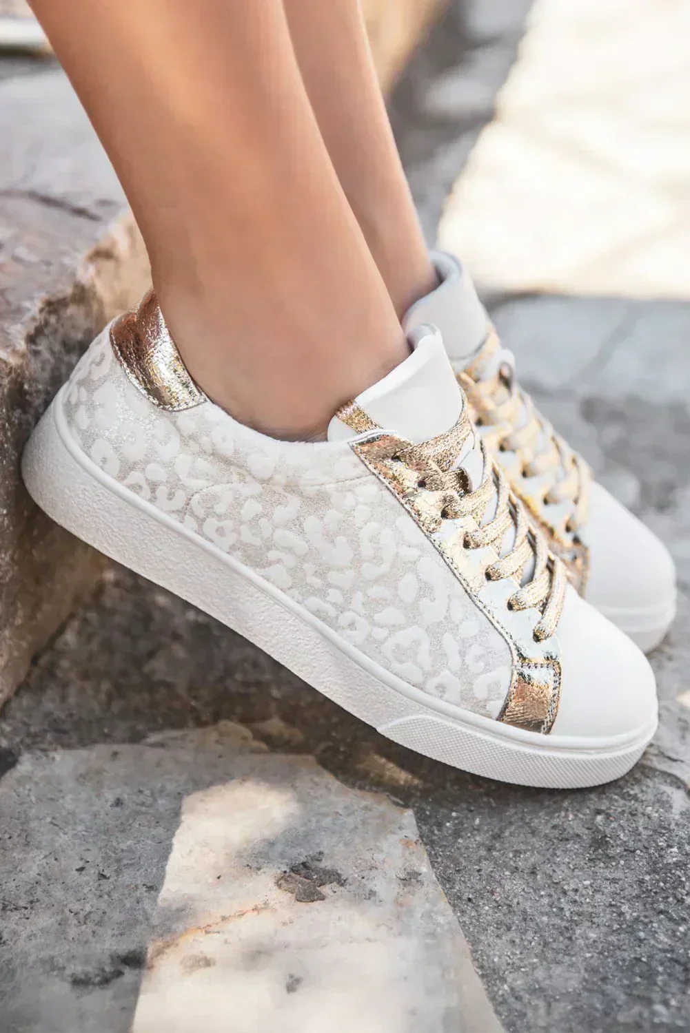 Leopard Print Sneakers - White PVC/PU Lace-Ups - Streetwear Kicks