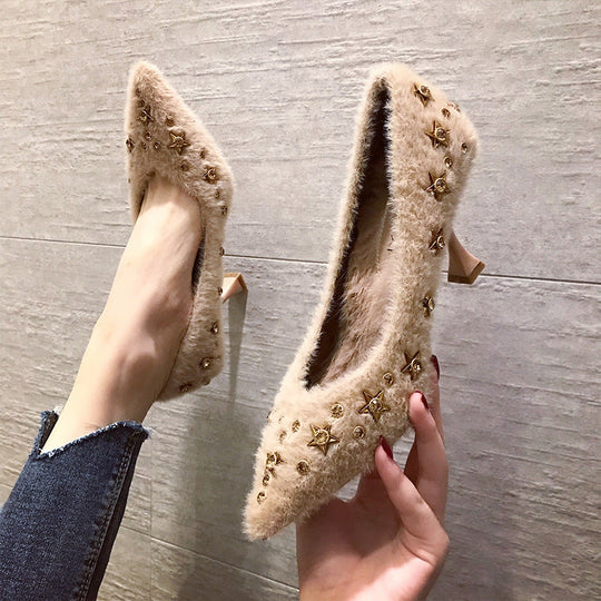 Branded Fuzzy Pumps High Heels Pointed Comfortable