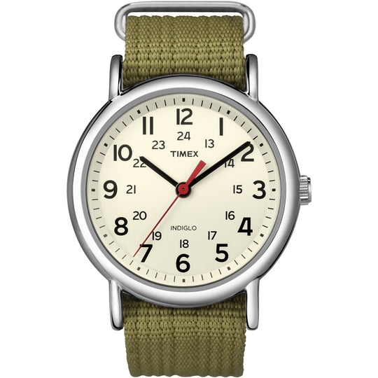 Timex Unisex Weekender Olive/Cream 38mm Casual Watch, Fabric Slip-Thru Strap