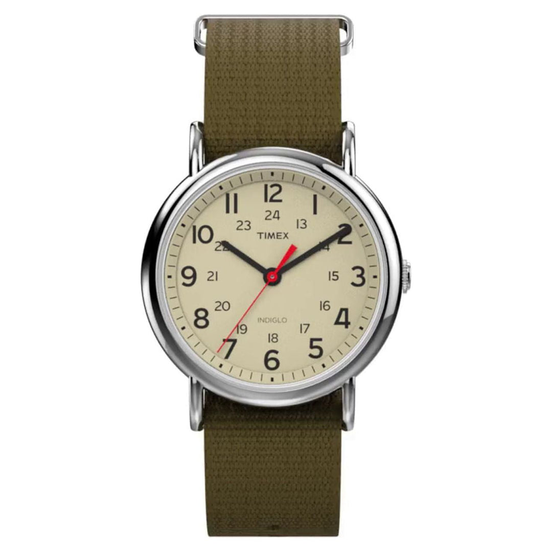 Timex Unisex Weekender Olive/Cream 38mm Casual Watch, Fabric Slip-Thru Strap