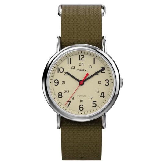 Timex Unisex Weekender Olive/Cream 38mm Casual Watch, Fabric Slip-Thru Strap