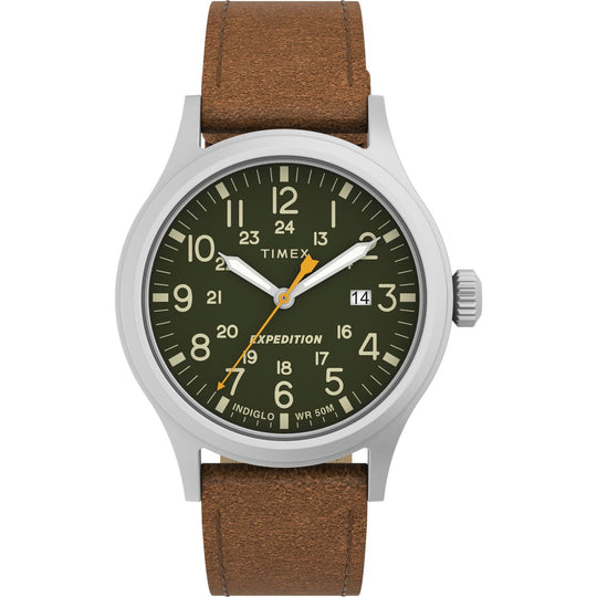Timex Men's Expedition Scout 40mm Watch ¨C Silver-Tone Case Green Dial with Brown Leather Strap