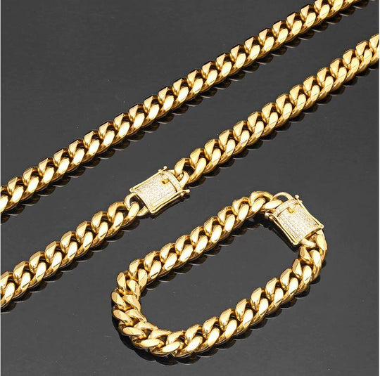12mm CZ Cuban Chain Set Gold Plated Necklace Bracelet