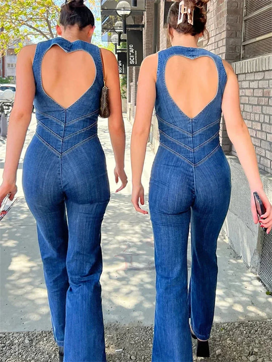 TARUXY Backless Heart Cutout Bodycon Jumpsuit For Women Casual Sleeveless Slim One-Piece Outfits Retro Denim Jumpsuits New 2025