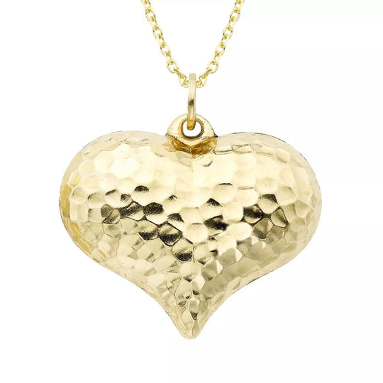 14k Gold Puffy Hammered Heart Charm Necklace 18 Inch