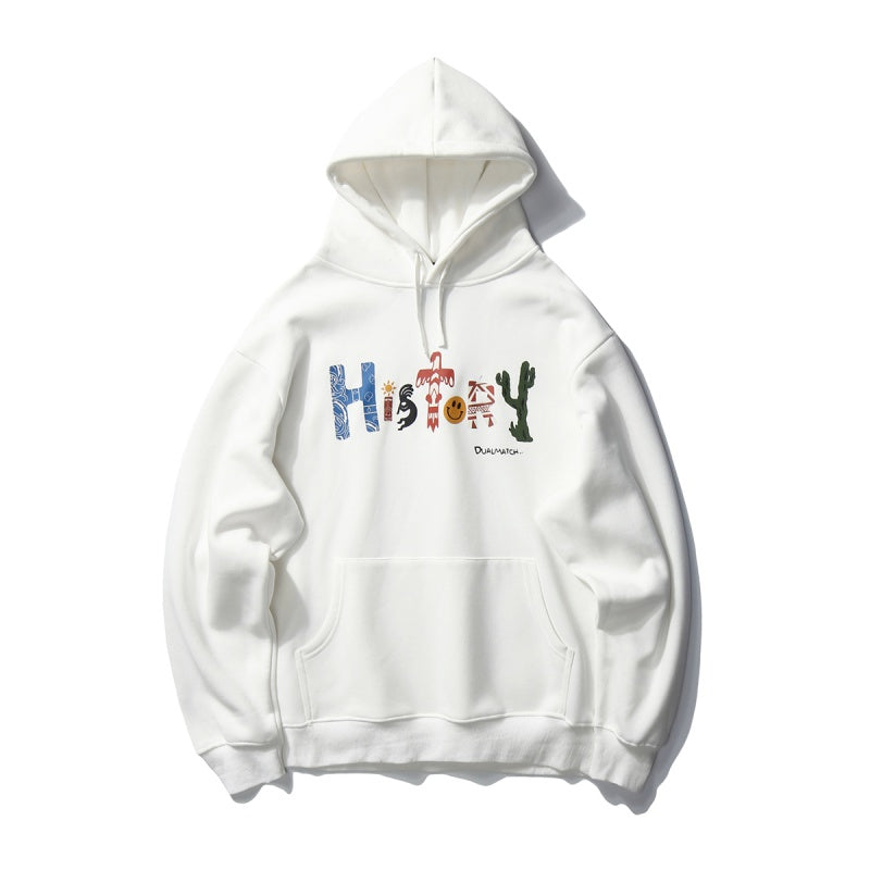 Artistic Letters Color Print Hooded Pullover Loose Sweatshirt
