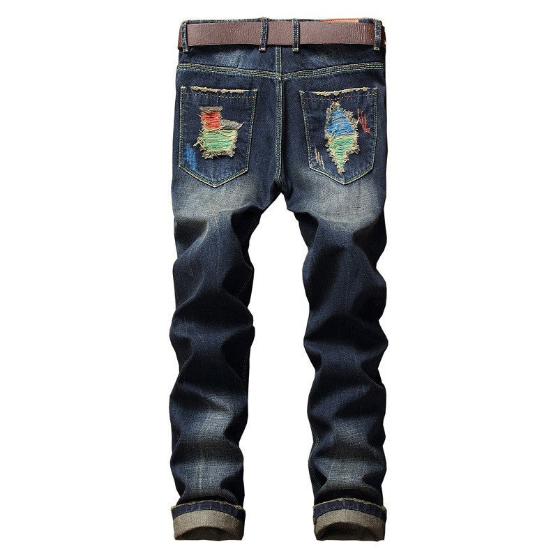 Personalized Brushed Pants Men's Ripped Straight-leg Pants