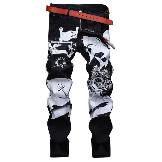 Men's Shark White Printed Black Pants