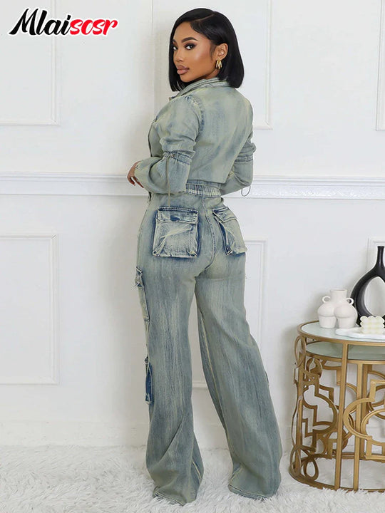 Mlaiscsr Vintage Stretch Denim 2 Piece Pants Sets Women Zip Slim Jackets and Pocket Cargo Jeans Outfit Streetwear Winter Suits