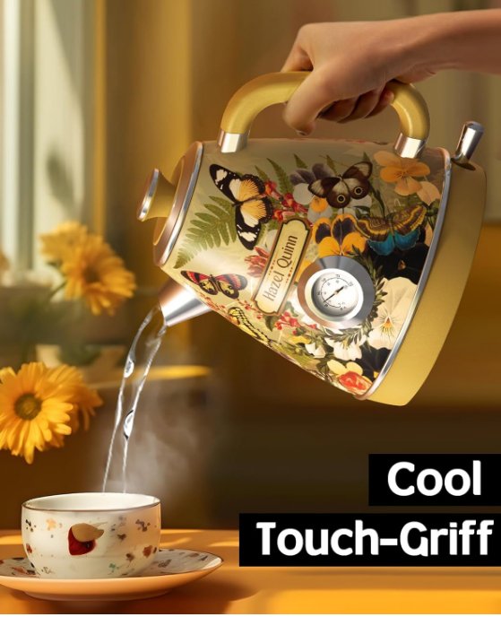 1.7L / 57.5 oz electric kettle food grade 304 stainless steel, instrument type dial thermometer flower watermark painting process fast boiling 1200W