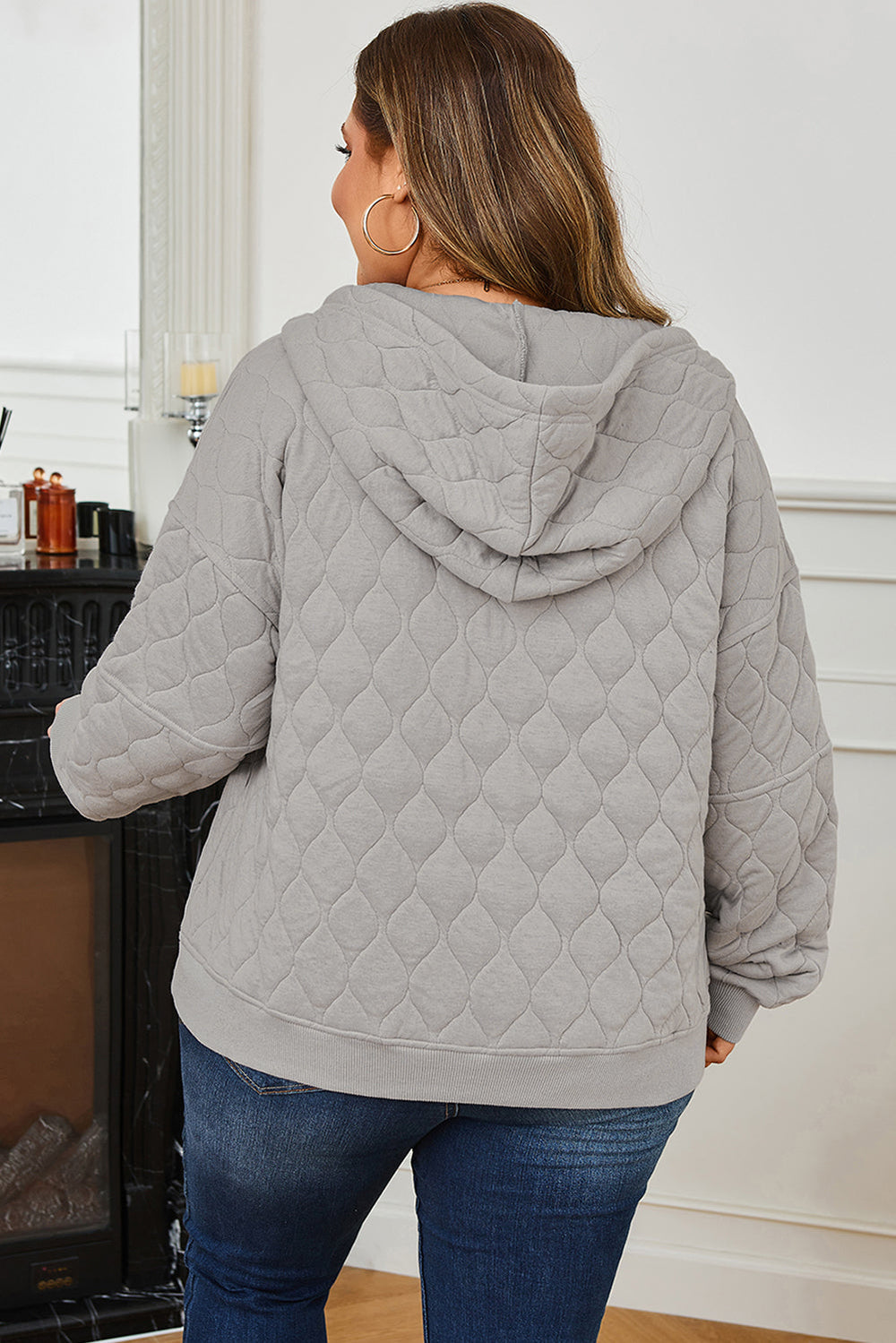 Plus Size Solid Quilted Quarter Zip Hoodie