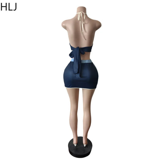 HLJ Blue Sexy Y2K Letter Printing Mini Skirts Two Piece Sets Women Halter V Neck Bangage Slim Crop Top And Skirts Outfits 2025