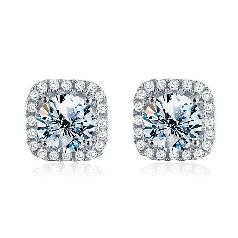 1CT Moissanite Square Halo Stud Earrings 925 Sterling Silver Classic Bridal