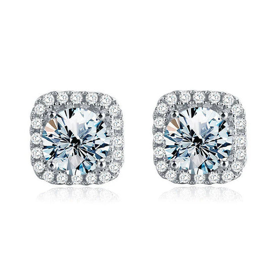 1CT Moissanite Square Halo Stud Earrings 925 Sterling Silver Classic Bridal