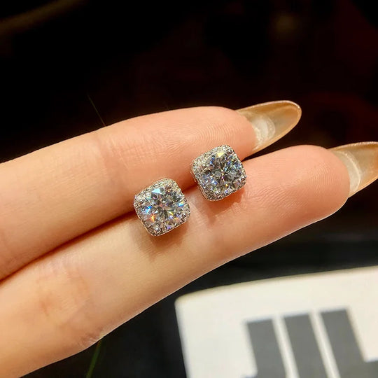 1CT Moissanite Square Halo Stud Earrings 925 Sterling Silver Classic Bridal