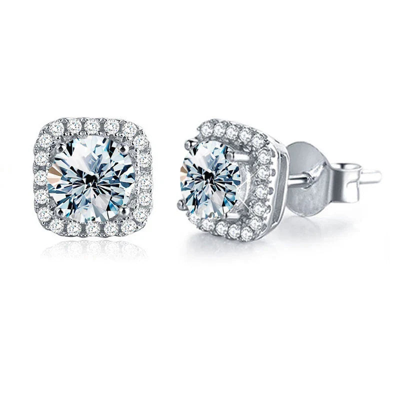 1CT Moissanite Square Halo Stud Earrings 925 Sterling Silver Classic Bridal