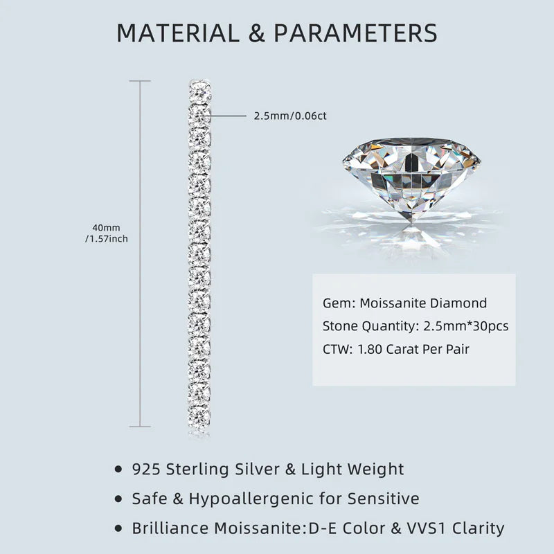 2.5mm Moissanite Tassel Stud Earrings 925 Sterling Silver Tennis Chain