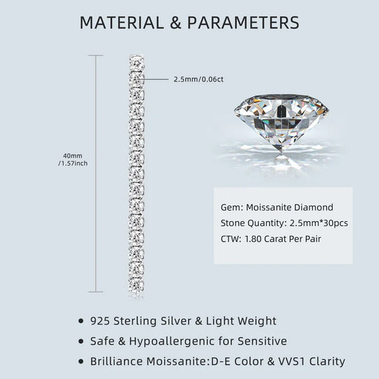 2.5mm Moissanite Tassel Stud Earrings 925 Sterling Silver Tennis Chain