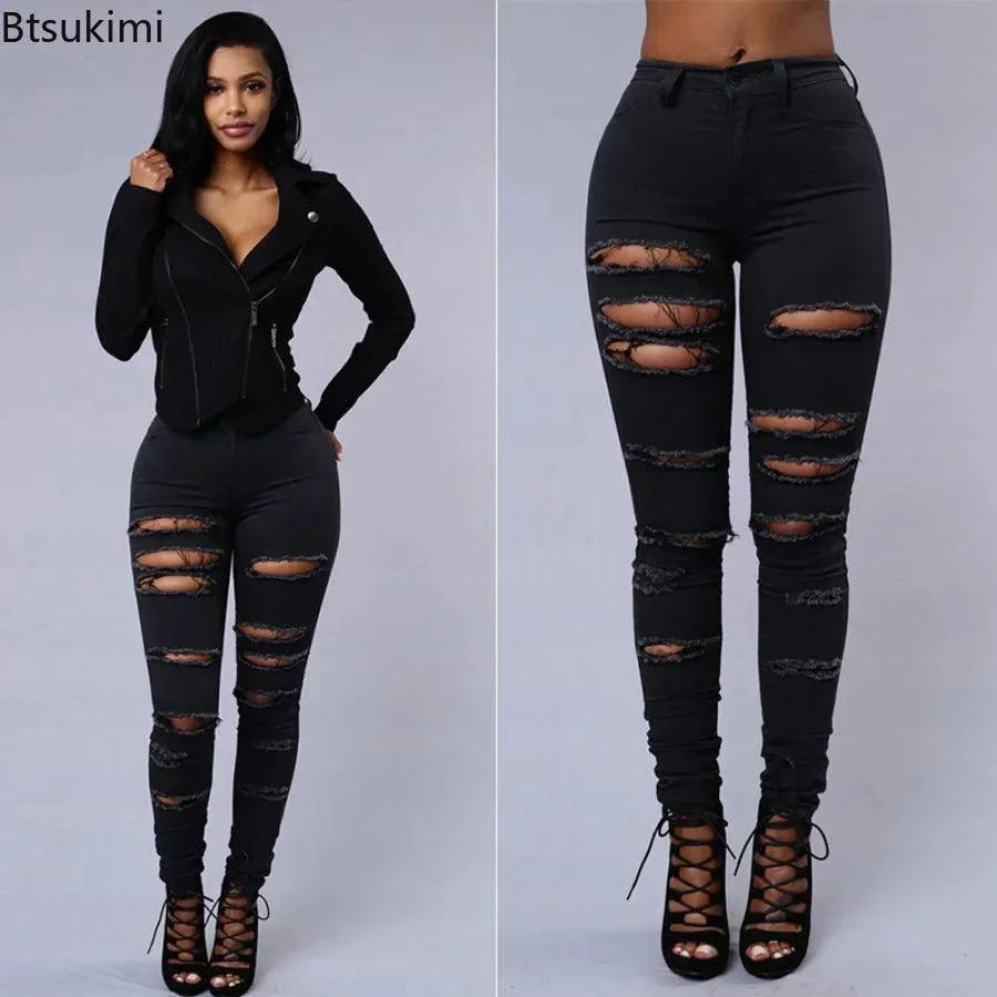 2025 Women's Stretch Skinny Ripped Hole Washed Denim Jeans Female High Waist Pencil Y2k Pants Jeans Ladies Casual Trousers Pants