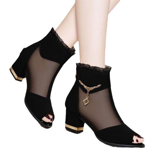 Women's Sexy Frill Hollow Ankle Boots Chunky All Matching