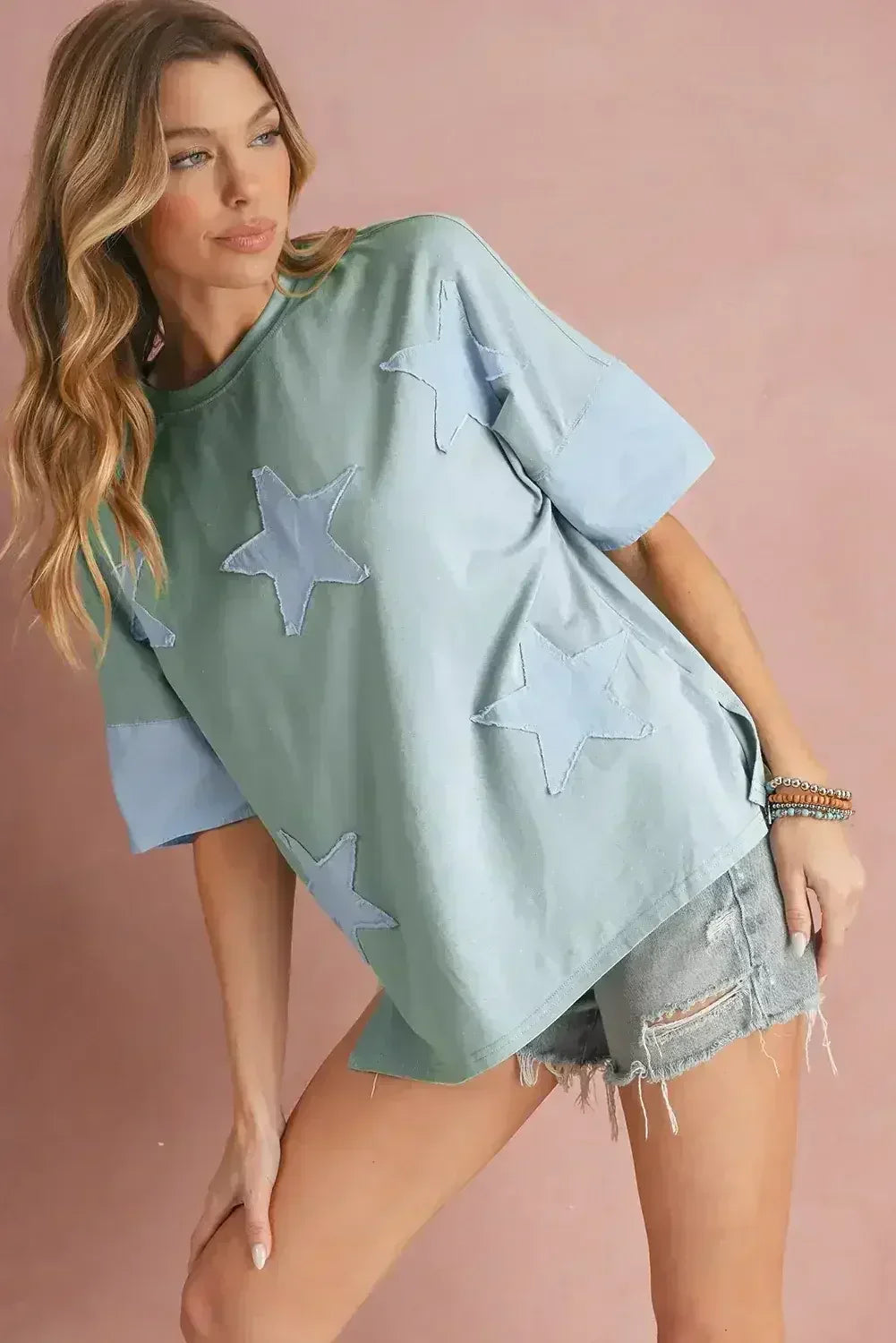 Aruba Blue Frayed Star Patched 4th of July Oversize T Shirt