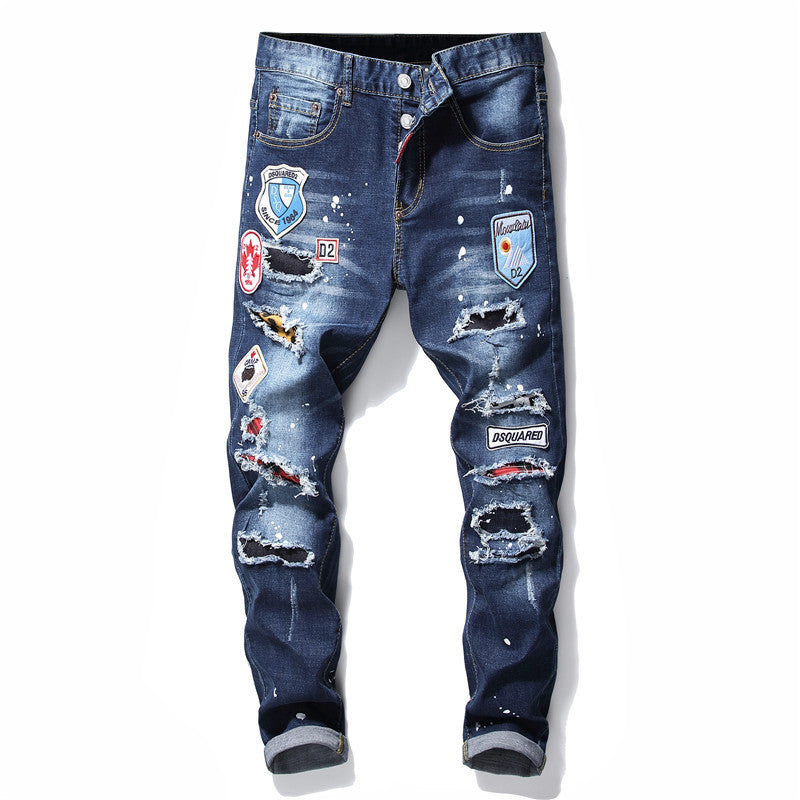 Men's Denim Zipper Blue Hole Pencil Pants