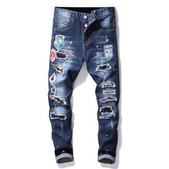 Men's Denim Zipper Blue Hole Pencil Pants