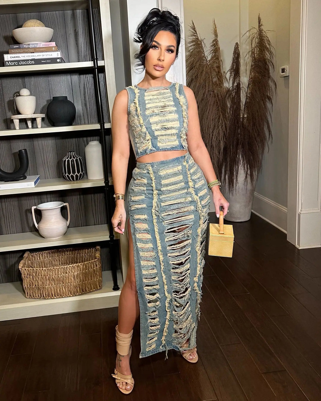 DSMTRC Women Sleeveless Crop Tank Tops and Split Side Maxi Skirt Streetwear Outfits Elegant Ripped Hole Denim Two 2 Piece Dress