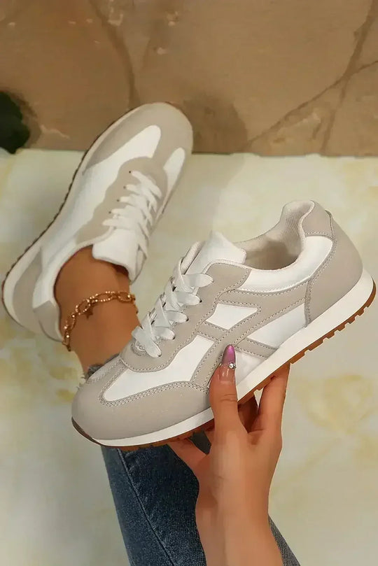 Oatmeal Contrast Sneakers - PU Leather Lace-Ups - Wholesale Neutral Kicks