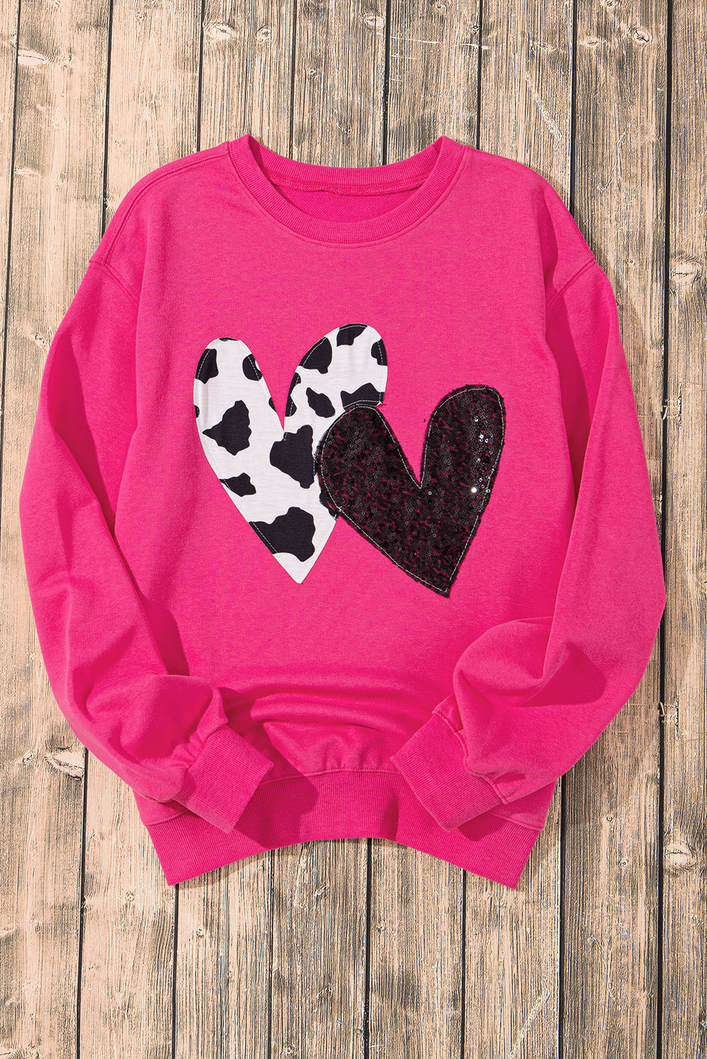 Valentine Heart Sequin and Cow Patchwork Sweatshirt