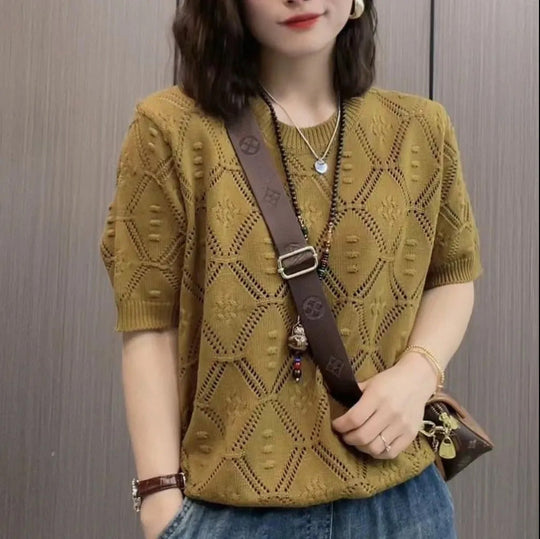 Summer Knitwear Women's Thin Short Sleeve Round Neck Sweater
