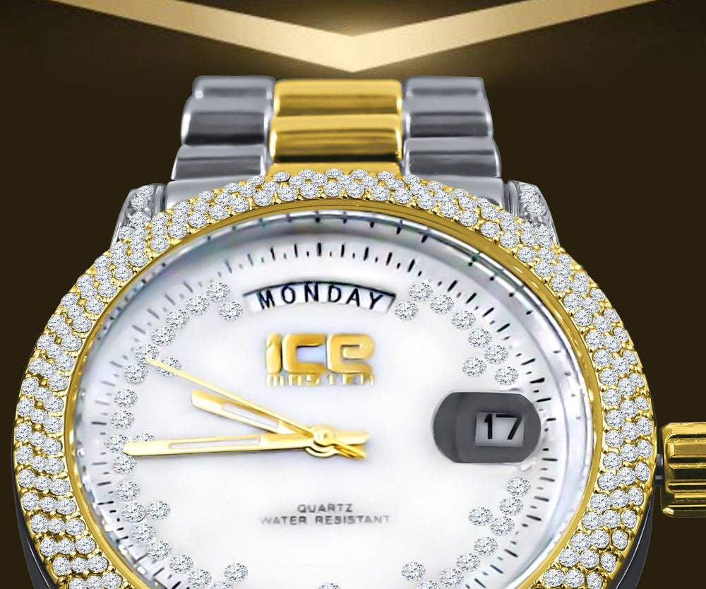 39mm CZ Iced Hip Hop Watch Two Tone Stainless Alloy