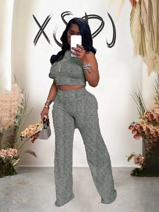 2 Piece Sets Womens Outfits Elegant Stretchy Knitted Summer Suit Sexy Sleeveless Top and Pant Suit Wholesale Dropshipping