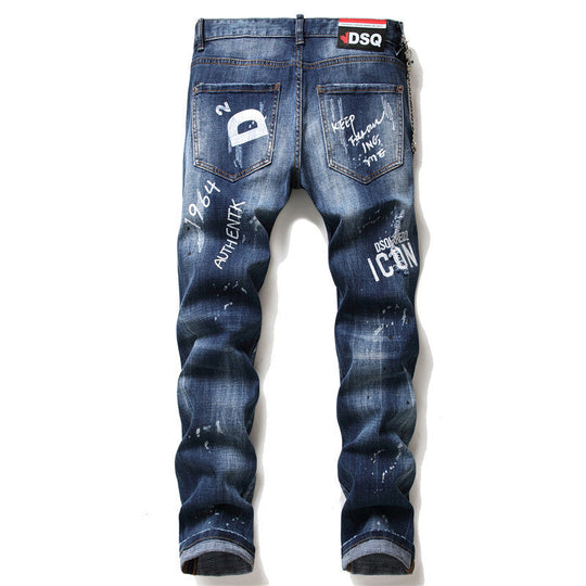 Men's Denim Zipper Blue Hole Pencil Pants