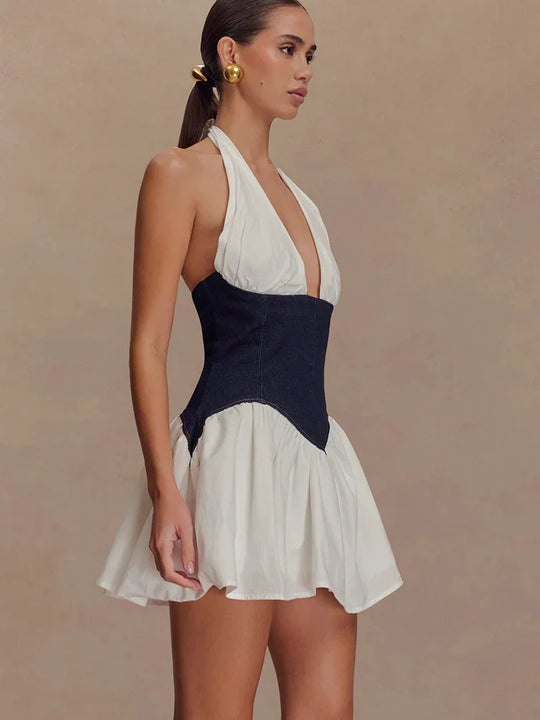 JULISSA MO Patchwork Sexy Deep V-neck Denim Mini Dress Women White Backless Halter Dress Summer Slim Elegant Party Club Outfits