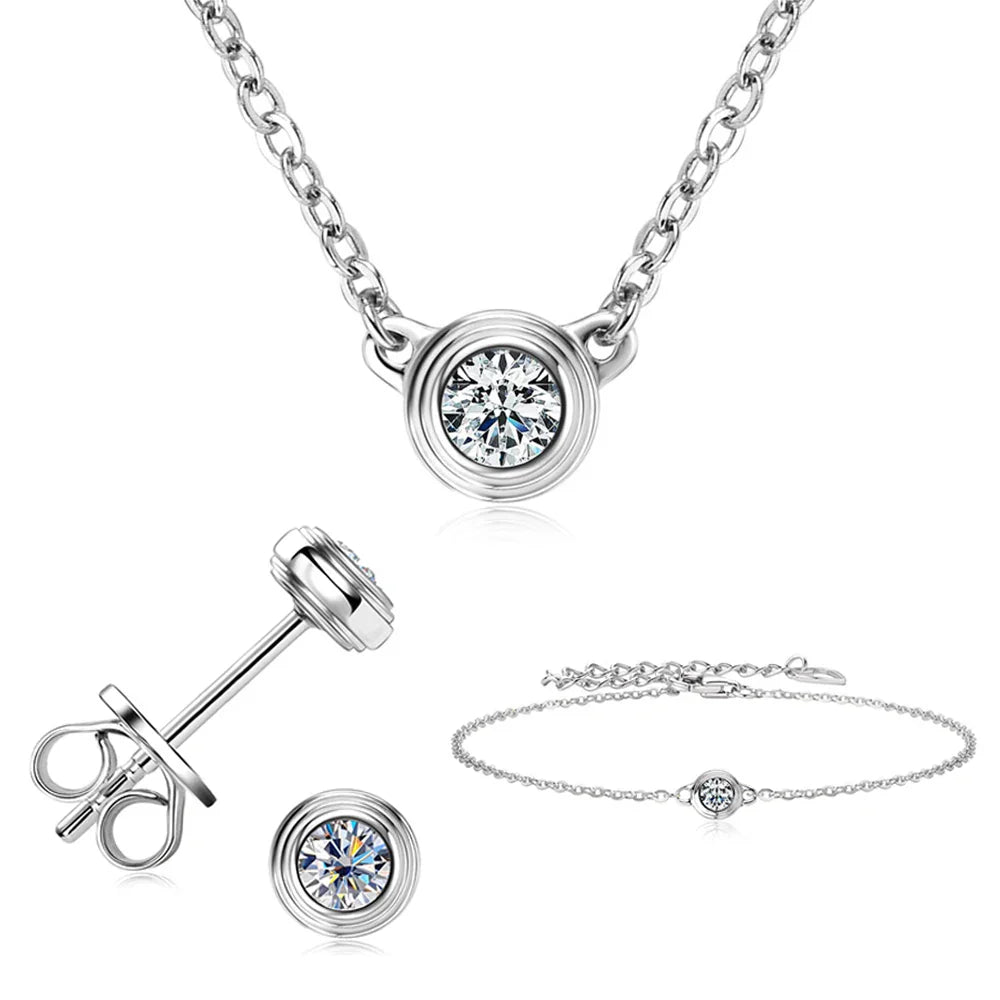 3mm Moissanite Jewelry Set 925 Sterling Silver Necklace Bracelet Stud Earrings
