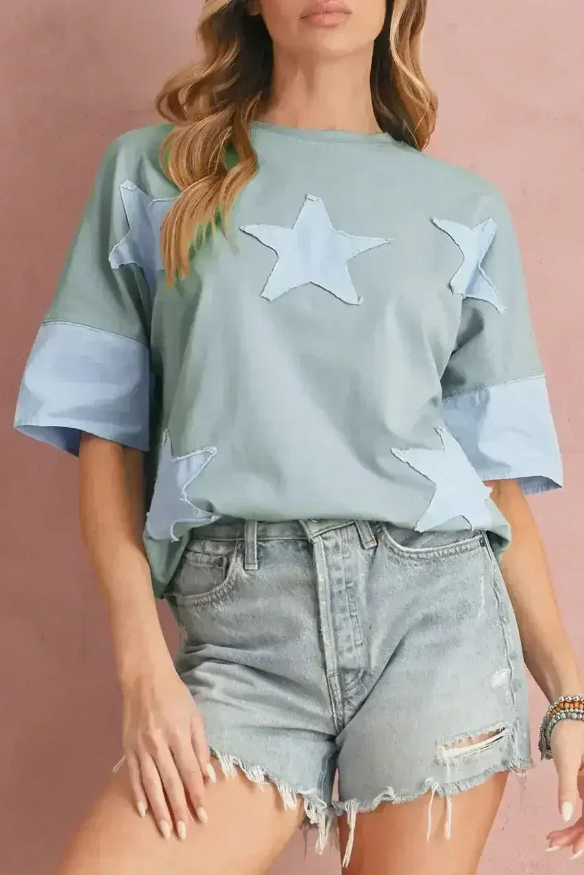 Aruba Blue Frayed Star Patched 4th of July Oversize T Shirt