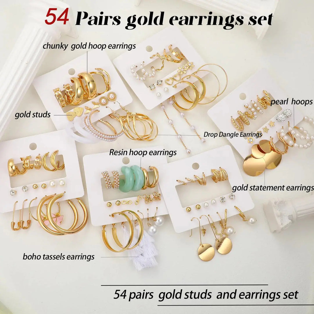 42 Pairs Gold Hoop Earrings Set for Women, Fashion Chunky Pearl Earrings Multipack
