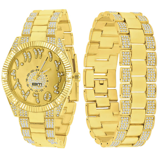 42MM CZ Crystal Gold Watch And Bracelet Set For Women