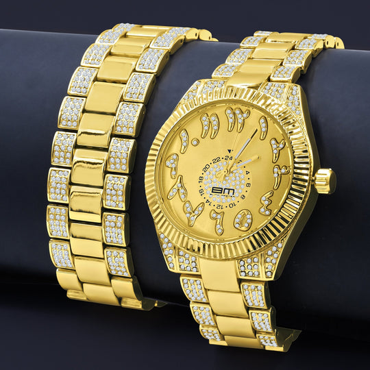 42MM CZ Crystal Gold Watch And Bracelet Set For Women