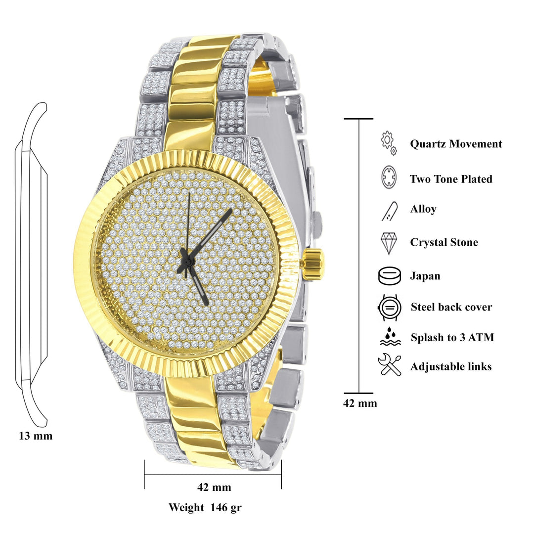 42mm CZ Stainless Steel Pave Watch With Metal Bracelet