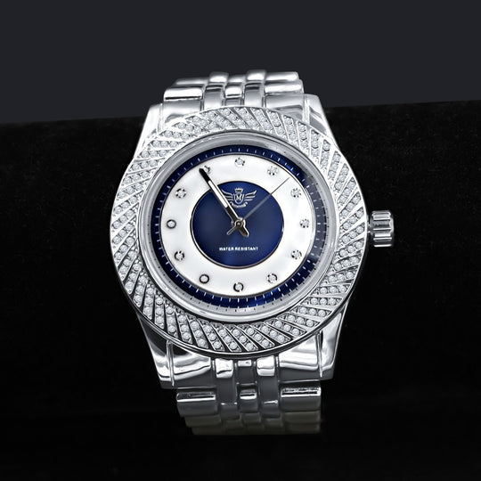 43mm CZ Alloy Iced Out Hip Hop Bling Watch Silver Mens