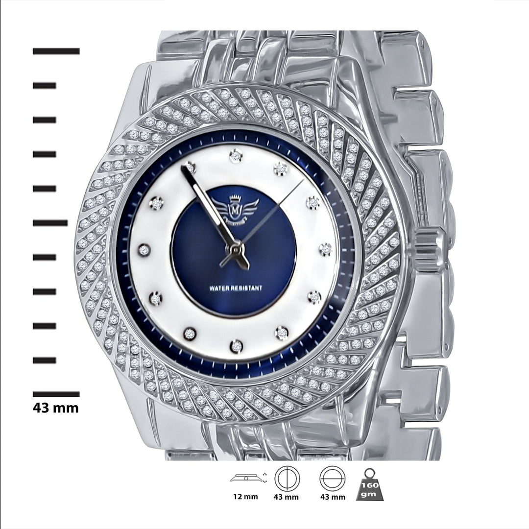 43mm CZ Alloy Iced Out Hip Hop Bling Watch Silver Mens