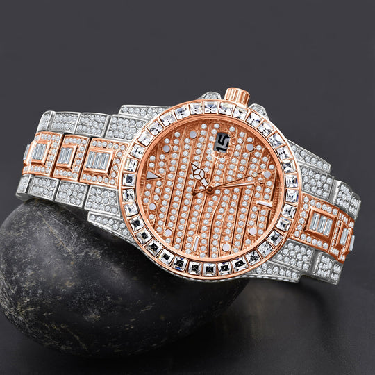 43mm CZ Iced Out Hip Hop Watch Pave Dial Bracelet Gold Tone